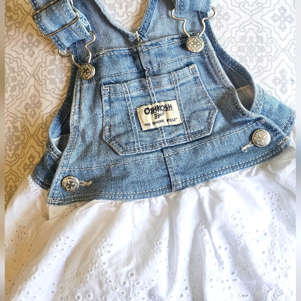 OshKosh B'gosh Blue and White Eyelet Overall Dress 3M